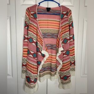 Y2K Rue 21 Cardigan Sweater Women's Aztec Knit Waterfall Open Front USA Sz S